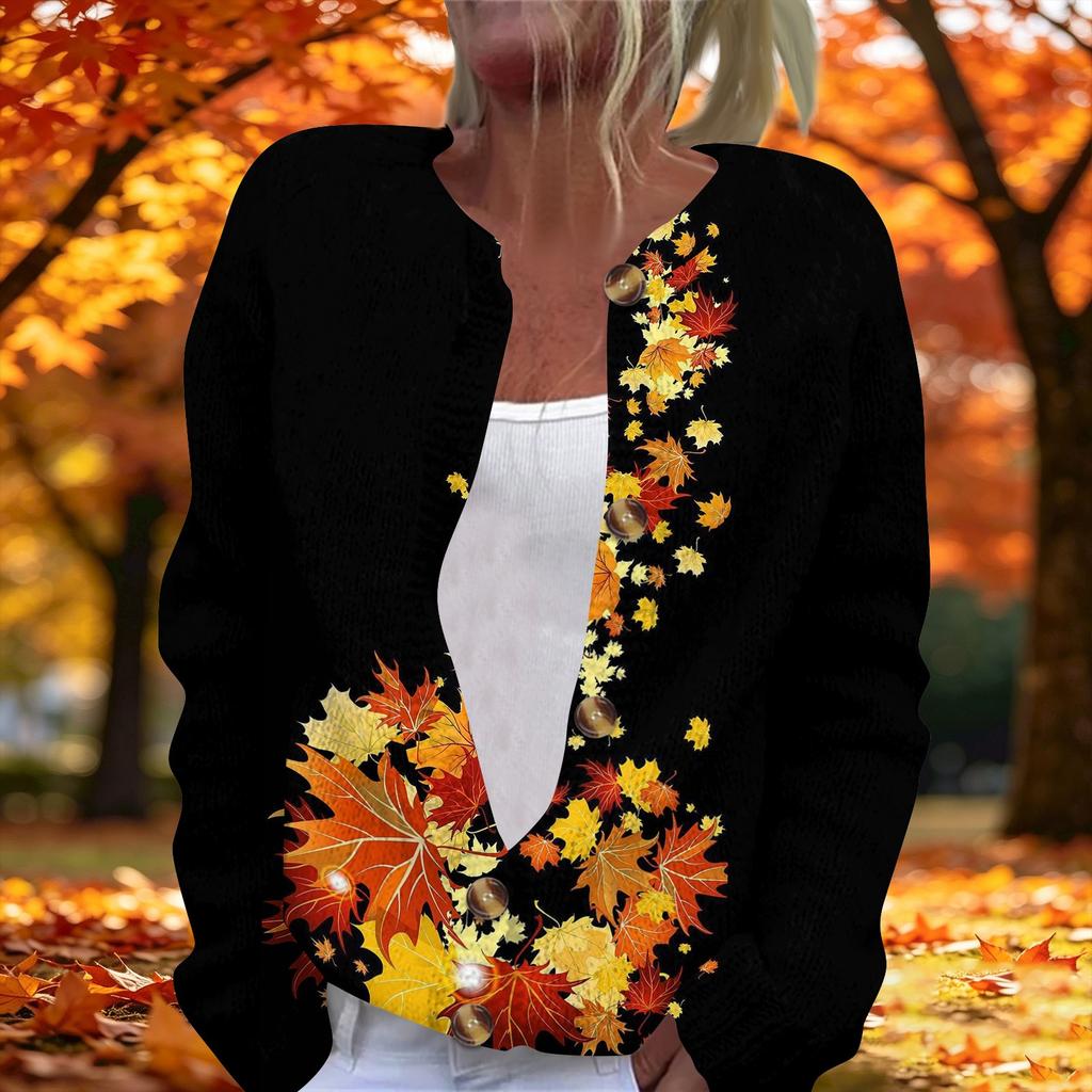 Women's fashionable maple leaf printed long-sleeved knitted cardigan with buttons