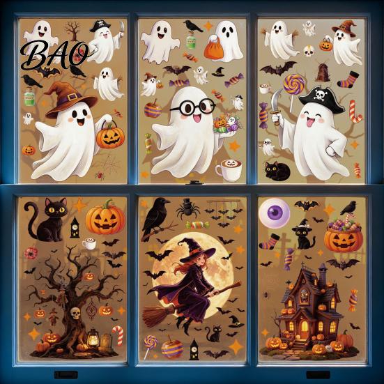 Spooky Theme Party Supplies Halloween Static Window Clings, Glass Stickers with Ghost Cat Bat Shop Displays Patterns, Reusable Holiday Decals