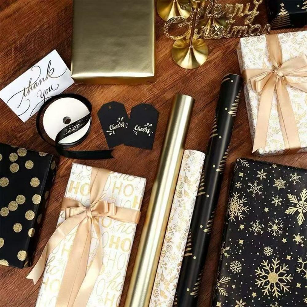 43x300cm Gilded Christmas Gift Wrapping Paper Snowflake Bow Flower Bouquet Packaging Paper for Holiday Gifts Party Decorations