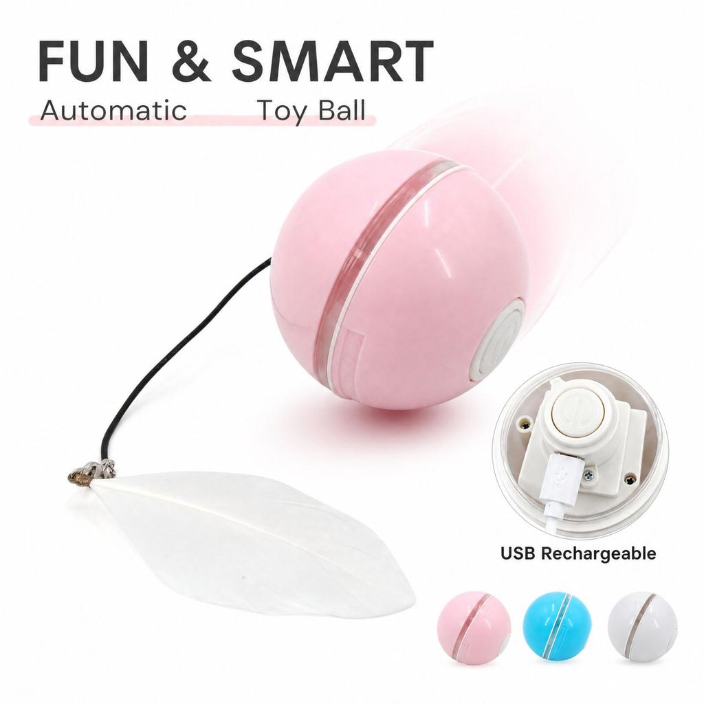 Interactive Toy Ball with Feather and Bell, Obstacle Avoidance, Rechargeable Self-Play Toy for Cats