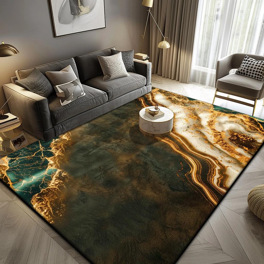 Luxury Marble Large Area Rug Black Gold Abstract Carpet for Living Room Sofa Lounge Coffee Table Non-Slip Soft Floor Mat