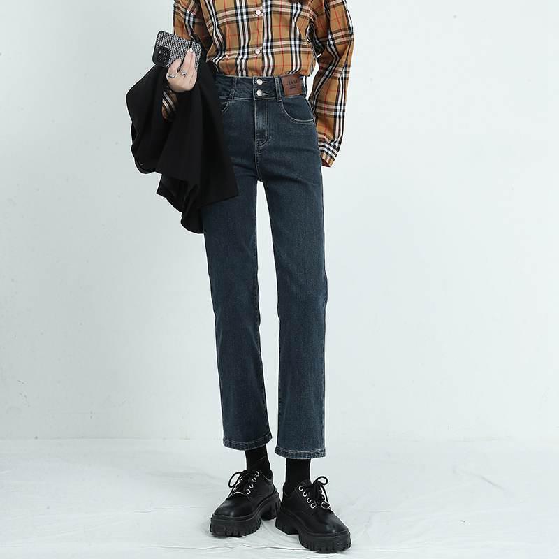 Women's Blue-Gray High-Waisted Straight-Leg Jeans, 2022 Spring/Autumn Style, Slimming & Versatile, Petite Fit, Nine-Point Cigarette Pants