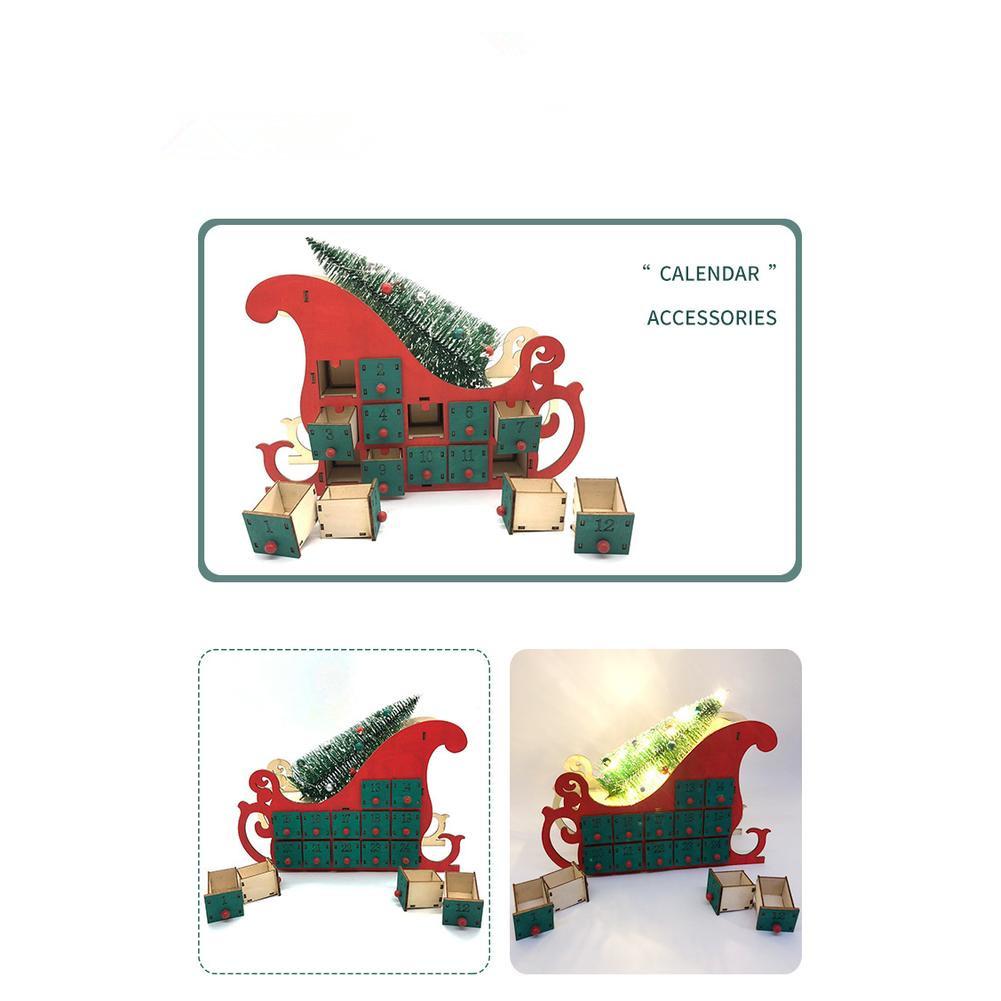 Christmas Wooden Advent Calendar, Countdown To Christmas With 24 Drawers, Sleigh Shape Christmas Tree DIY Advent Calendar With Lights