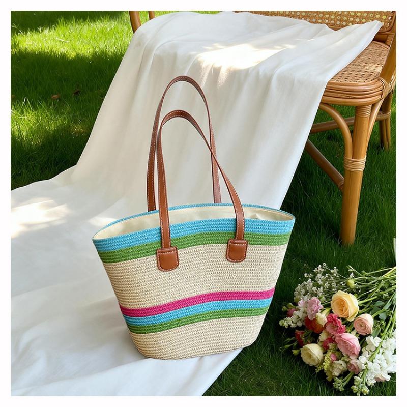 Damen Große Kapazität Gewebte Eimer Tasche Einzelne Schulter Handtasche Farbblock Mode Strandtasche