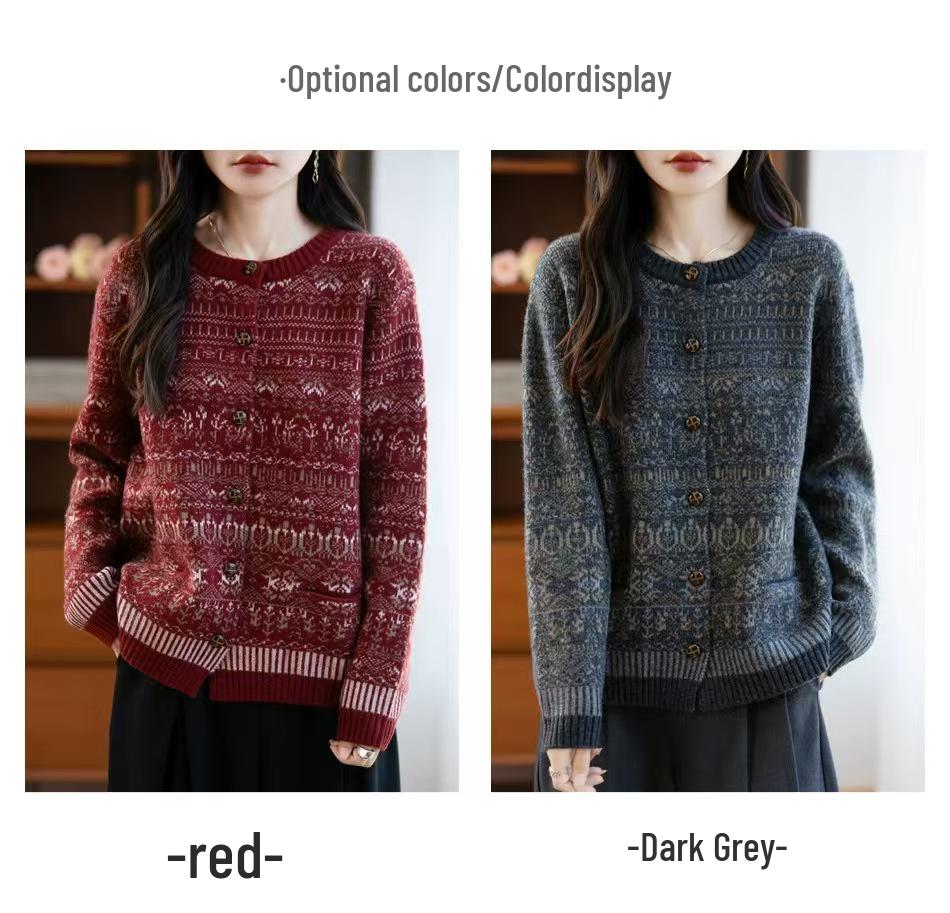 Women's Long-Sleeve Ethnic-Style Raccoon Fur Cardigan - Contrasting Colors, Round Neck, Wood Button Design, Jacquard Knitted Sweater.