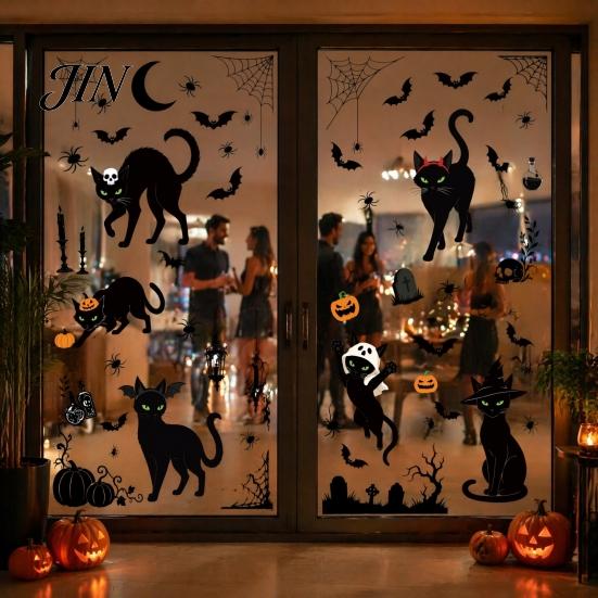Odnímatelné samolepky s černou kočkou 6 listů/sada Samolepky na okna, Statické nálepky bez lepidla, PVC sklo pro párty Halloween Netopýr Dýně Pavučina