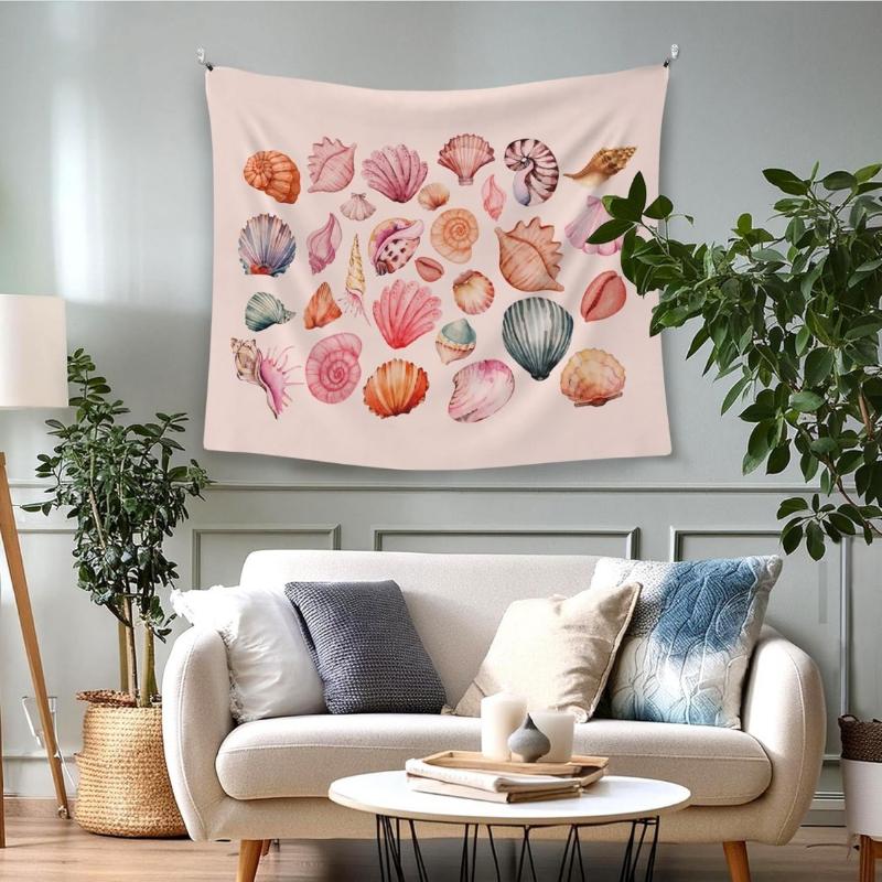 Pink Beach Coastal Tapestry Wall Hanging for Bedroom,Ocean Seashell Wall Tapestries, Pink Beach Coastal Walls Hanging Room Decor