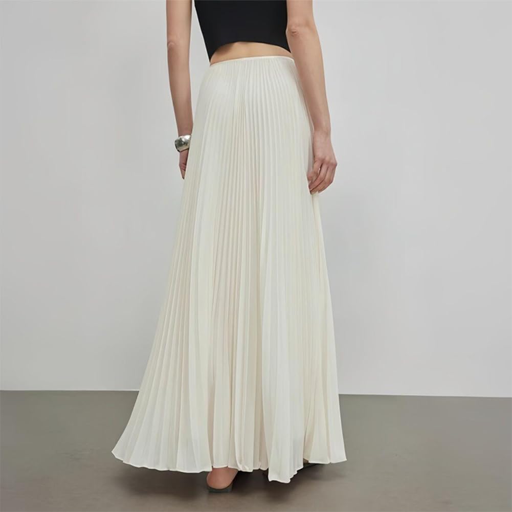 KANO SEIKA Pleated Long Flared Plus Elastic Everyday and Special Solid Green Women's Skirt, Skirt, Shiny, Size, A-Line Bottoms, Waist, Slimming,