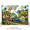 Kids Cartoon Steam Train Backdrop, Whimsical Hot Air Balloon Photography Background
