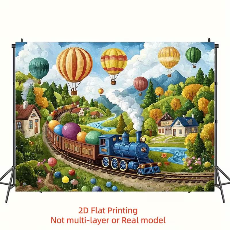 Kids Cartoon Steam Train Backdrop, Whimsical Hot Air Balloon Photography Background