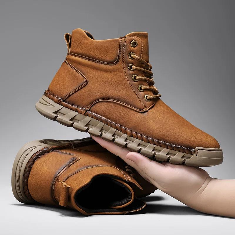 Men's Winter Boots Hand-stitched Mens Ankle Boots Leather Soft Plush Warm Outdoor Fashion Business Leather Casual Shoes for Men