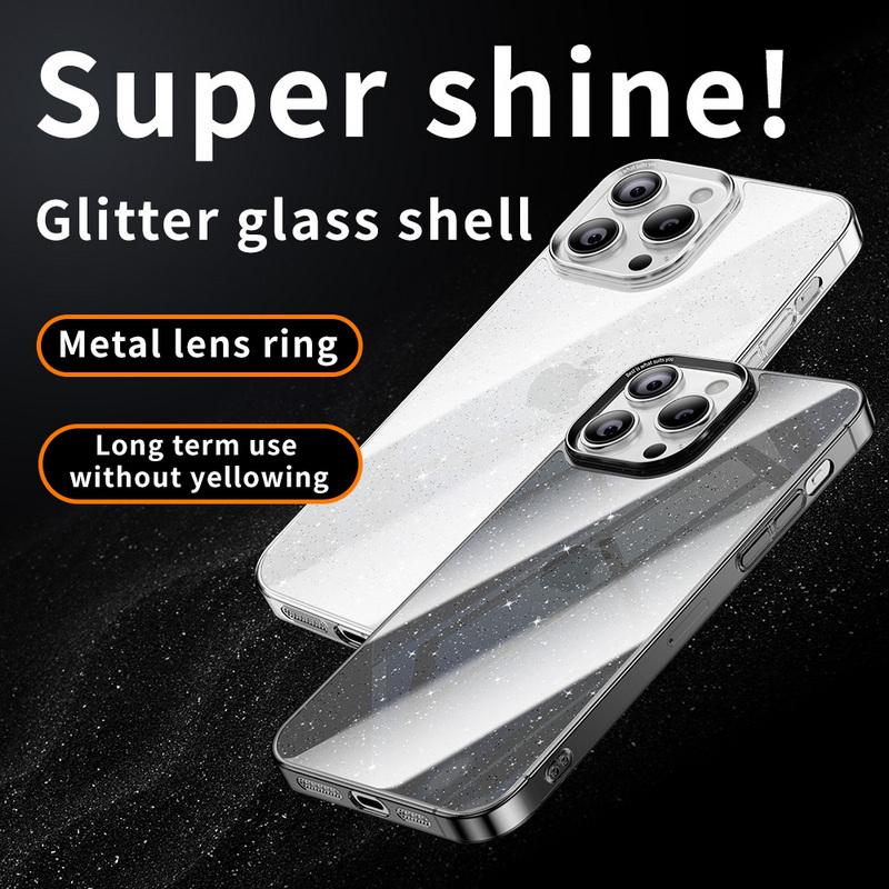

Блестящий стеклянный прозрачный тонкий чехол для телефона Apple iPhone 15 14 Pro Max 13 Pro Shine Diamond противоударный тонкий чехол для защиты линз iPhone 15 чёрный
