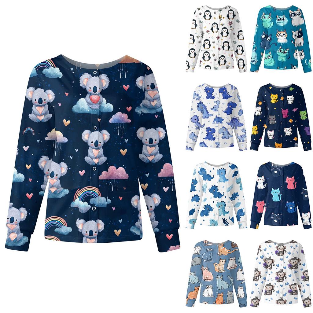 Women's Casual Fashion Long Sleeve Standing Lapel Single Breasted Cute Animal Printed  Workwear Jacket Tops