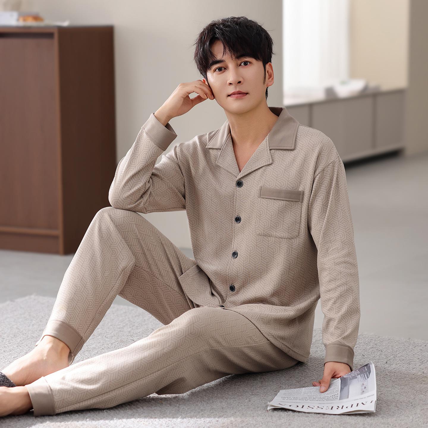 

Пижама из чистого хлопка мужская весенне-осенняя с длинными рукавами, кардиган, осенняя, большого размера, можно носить на улице, костюм для дома XL