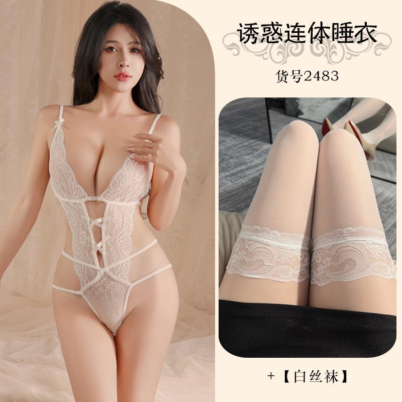 Sexy underwear women's sexy lace seduction large size onesie open file hot hollow perspective uniform pajama set