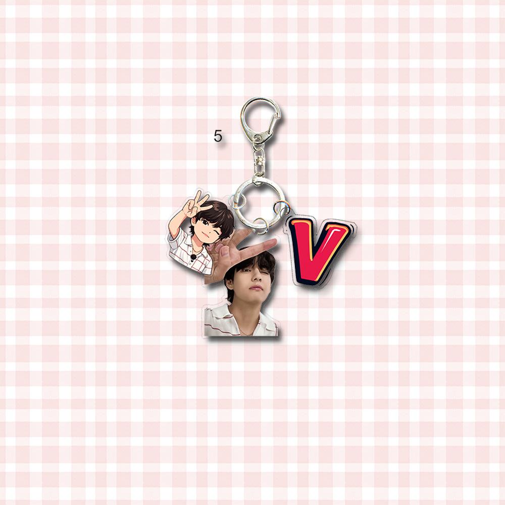 BTS 3-in-1 Acrylic Keychain, Bangtan Boys Real Photo + Cartoon Figure + Colorful Name Tag Triple Charm Keyring, Kpop ARMY Fans Bag Pendant