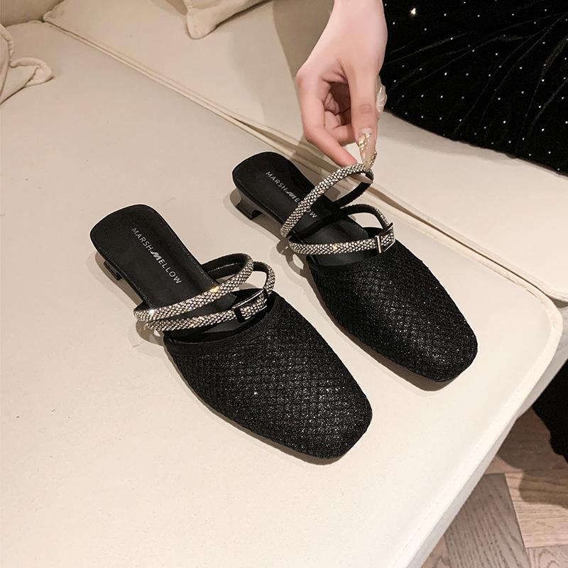 Rhinestone Fashion Outer Wear Bag Head Slippers 2025 Summer New Versatile Thick Heel Round Head One Pedal and Half Drag