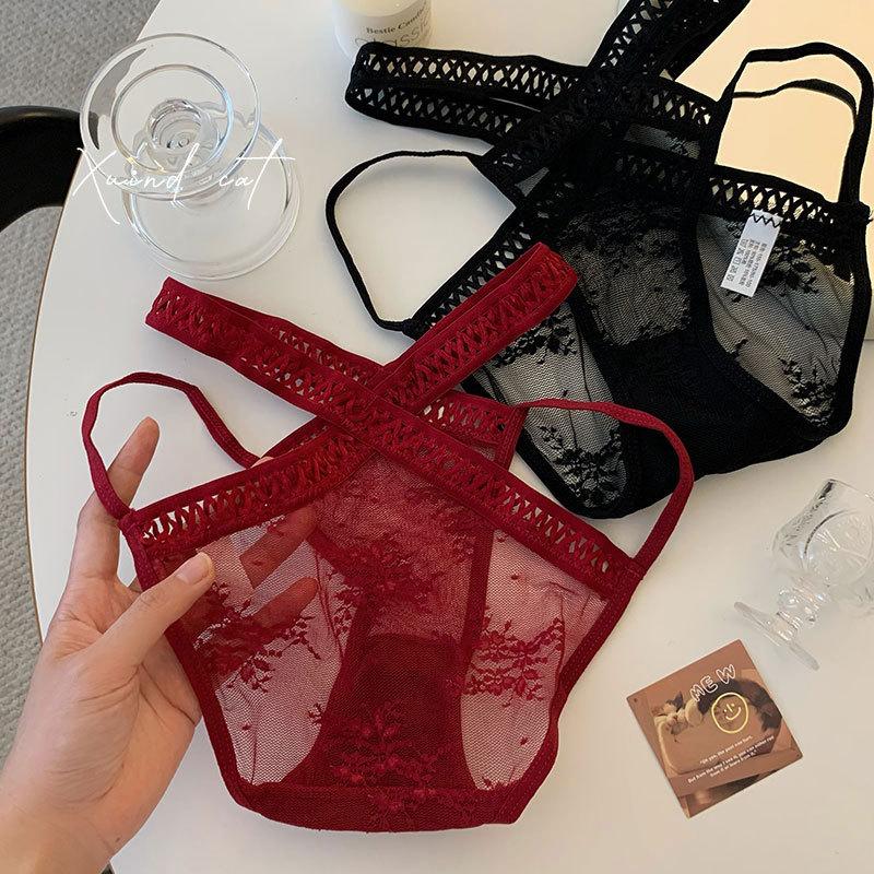 Sexy cross-strapped panties women's low waist hot perspective sweet girl lace edge breathable panties women
