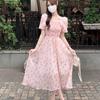 Women's French Floral Puff Sleeve Square Neck A-Line Midi Dress - Summer 2026
