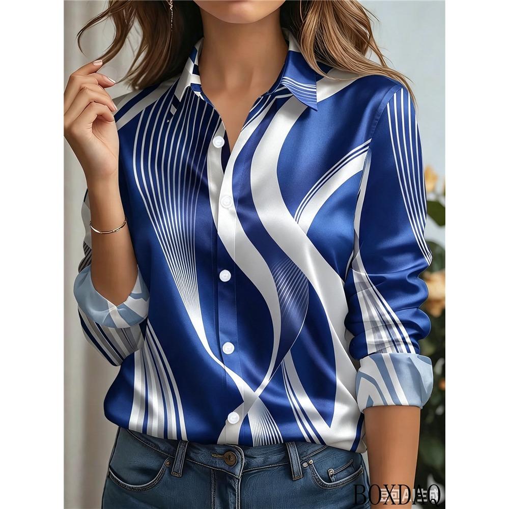 New Autumn Women's Fashionable Daily Blouses Long Sleeved Lapel Button Striped Abstract Pattern Printed Casual Loose Shirt