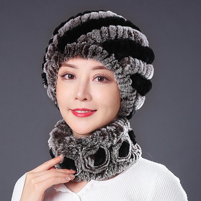 Hat Female Autumn Winter Trendy Versatile Rex Rabbit Hair Cycling Warm Ear Protection Fur Hat Scarf Set