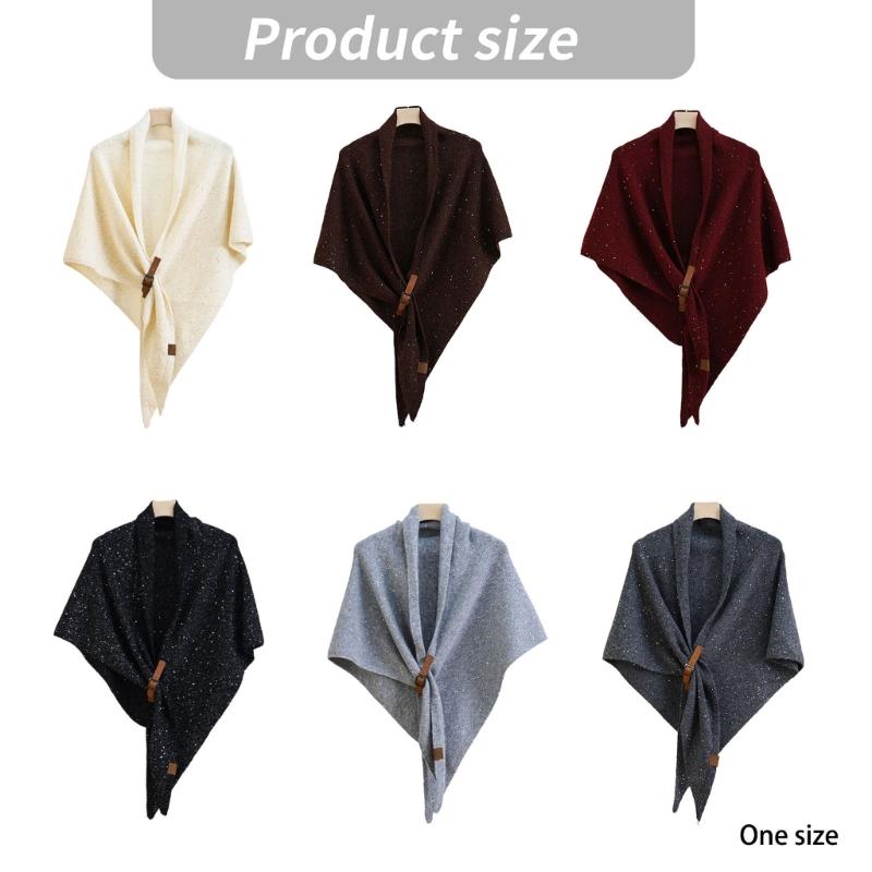 Solid Color Wool Blend Triangular Stole With Leather Clasp Warm Soft Scarf Wrap For Women Lady Winter Autumn Accessory