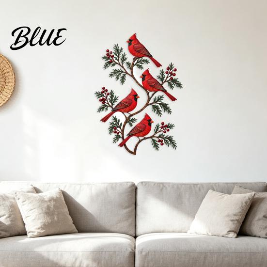 Artistic Metal Yard Decor Bird Wall Decor, Red & Chickadee Sculpture with Branches and Rustproof Lawn Art Berries, 2D Iron Hanging Decoration