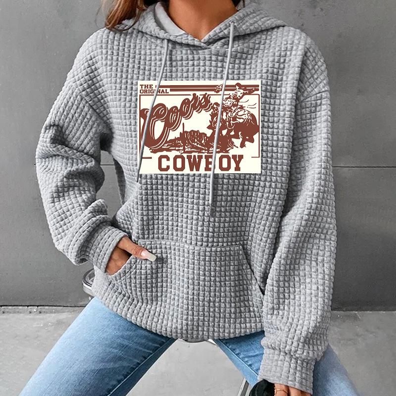 European & American Women's Waffle Knit Hooded Letter Print Sweatshirt