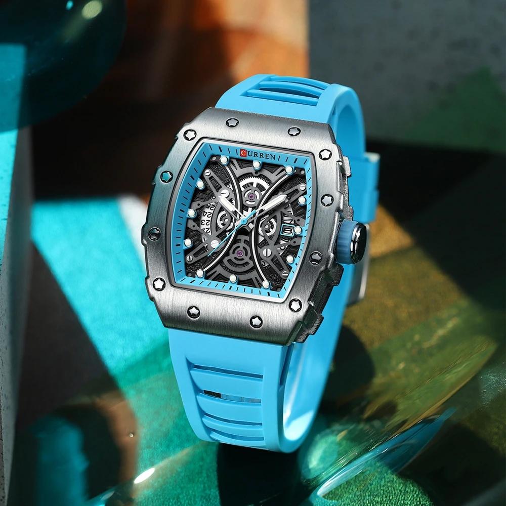 CURREN 8438 Nouvelle Montre Carrée Lumineuse pour Hommes Cadran Semi-Creux Auto Dateur Sport Casual Bracelet en Silicone Montres-bracelets