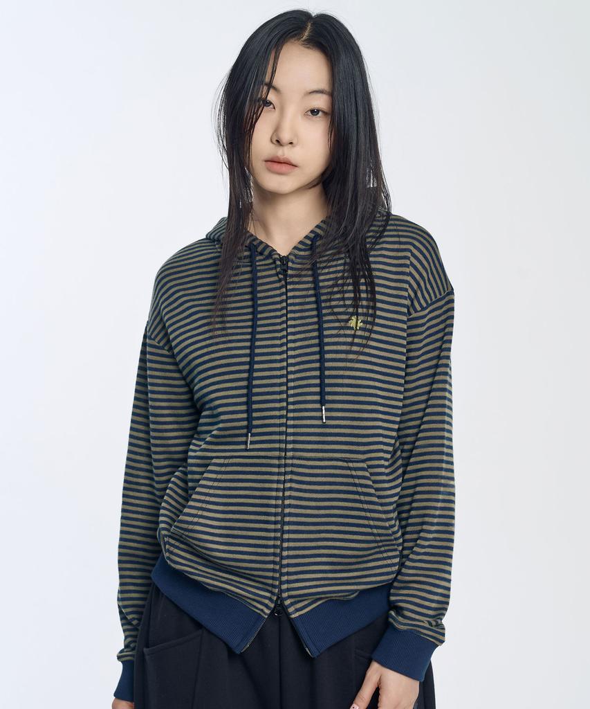 Slow Record House Striped Knit Zip-Up Hoodie_Khaki