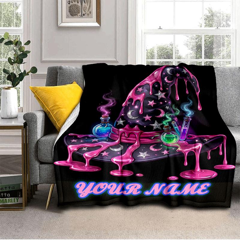 1PC Custom Name Magical Hat Night Flannel Blanket Versatile,all-season Throw Suitable for the Living Room,bedroom,camping,travel,and Gift