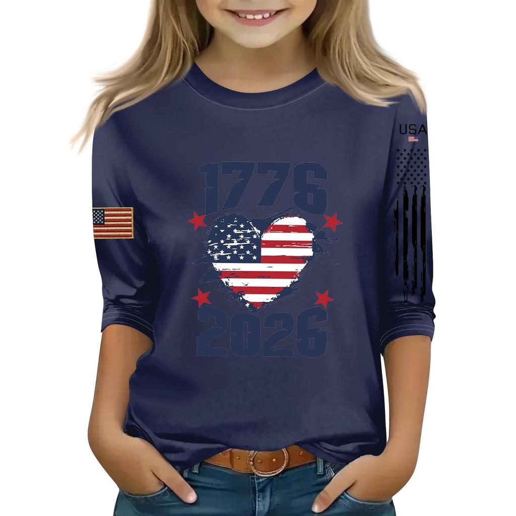 Kid's Round Neck Independence Day Print Lightweight Spring/Summer Top