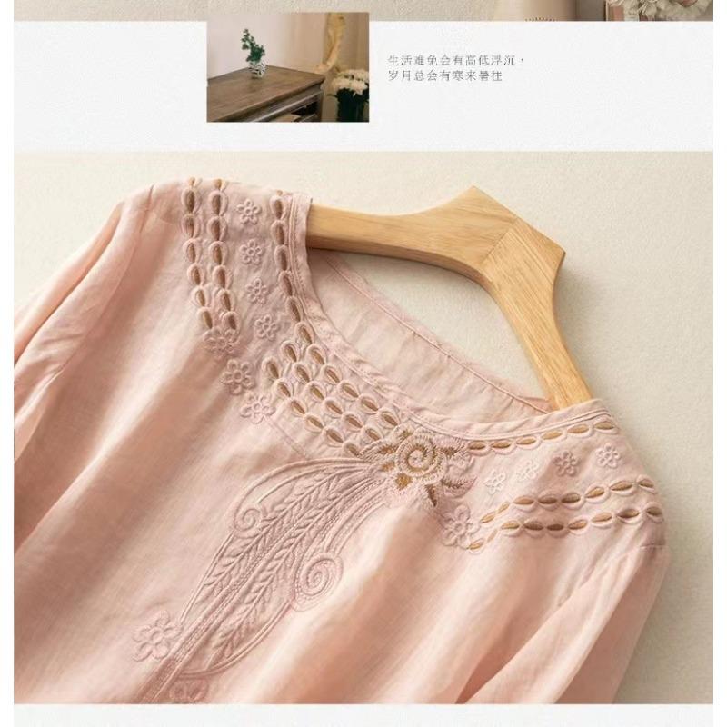 Women Summer Embroidered Round Neck Linen Cotton Blouse
