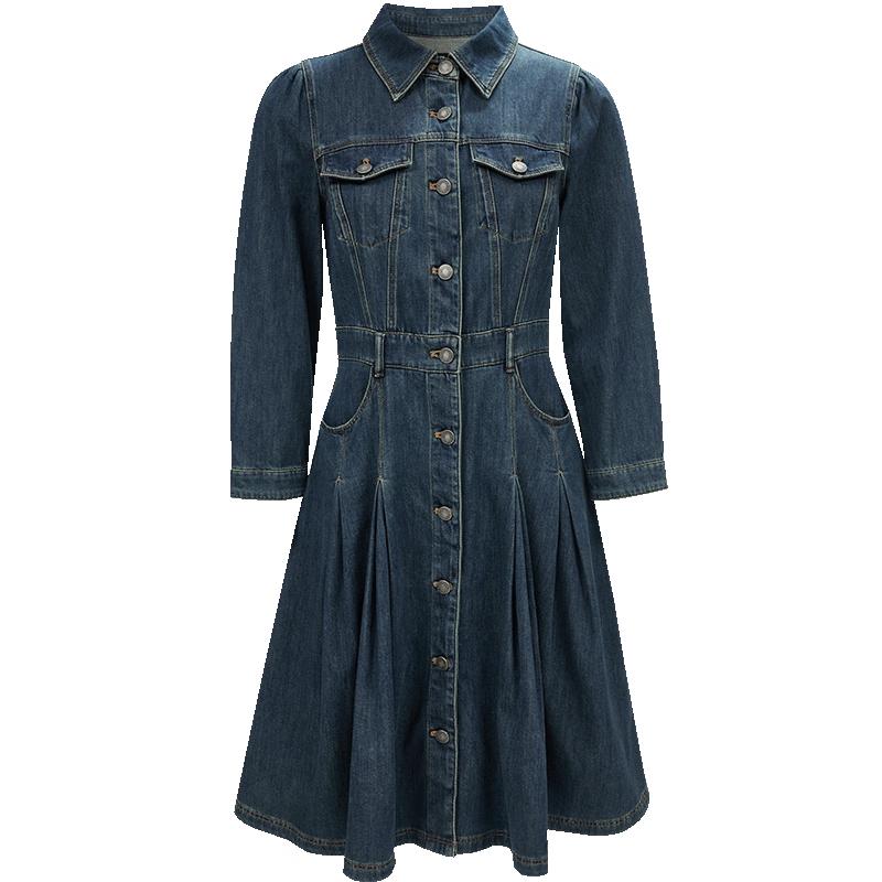 Veromoda Damen einreihiges Jeanskleid mit Puffärmeln