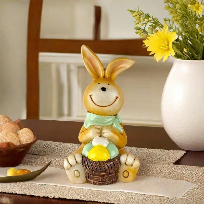 

The retro brown rabbit statue decoration ornament with eggs is suitable for Easter home garden desktop decoration.