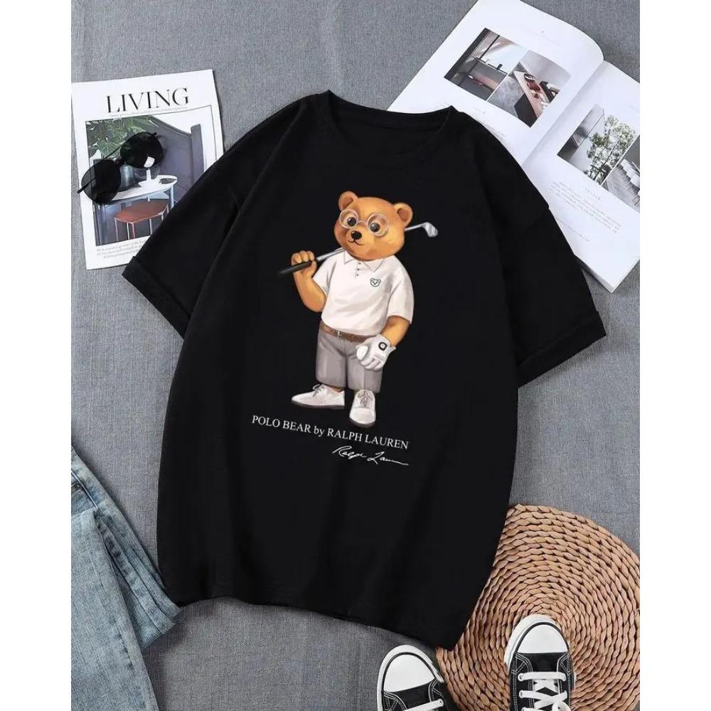 Cute Bear Printed Summer Women's T-shirt Light Luxury Trendy Brand Y2K Loose Casual Short Sleeved Top