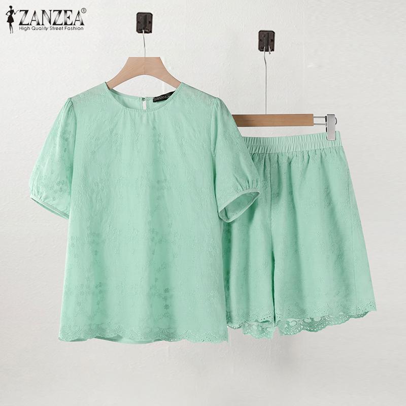 ZANZEA Women Short Sleeve Blouse and Shorts Summer Embroidery Jacquard Two Piece Sets