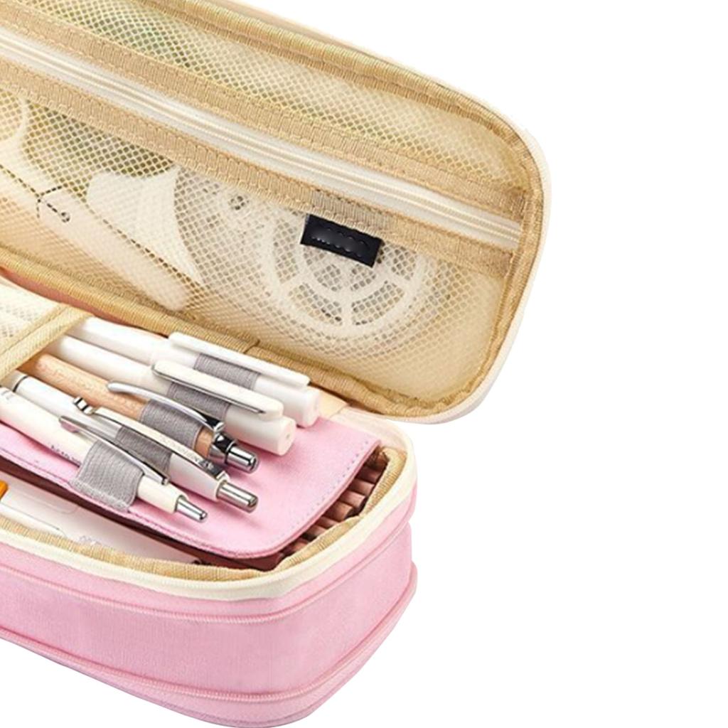 Pencil Bag 2 Tier Large Capacity Metal Zipper Mesh Pocket Portable Large Pencil Case for Students School Office Pink