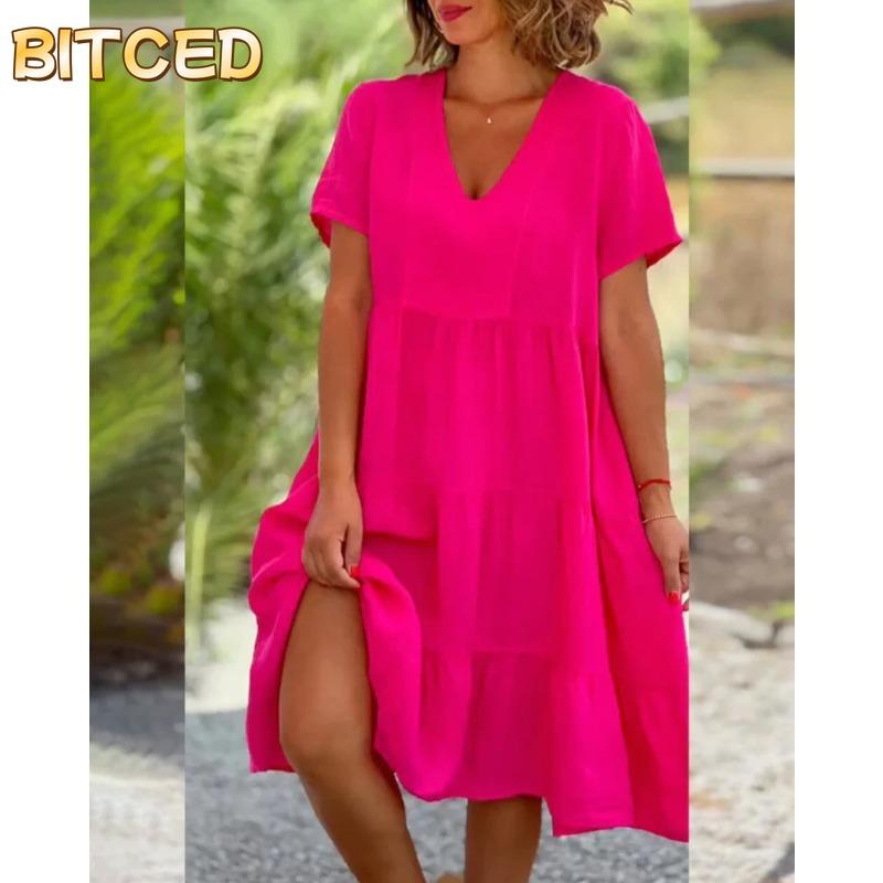 BITCED Moda feminina verão primavera cor sólida estampa manga curta com decote em v vestidos casuais
