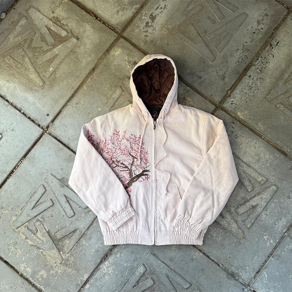 

Чоловіча модна зимова бавовняна куртка Derschutze 2025 з капюшоном та вишивкою квітучої вишні Medium