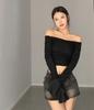Mesh Patchwork Women Long Sleeve Crop T Shirt Ruched Off Shoulder BodycDF-1299-Black-Son Sexy Elegant Streetwear 2024 Spring Summer