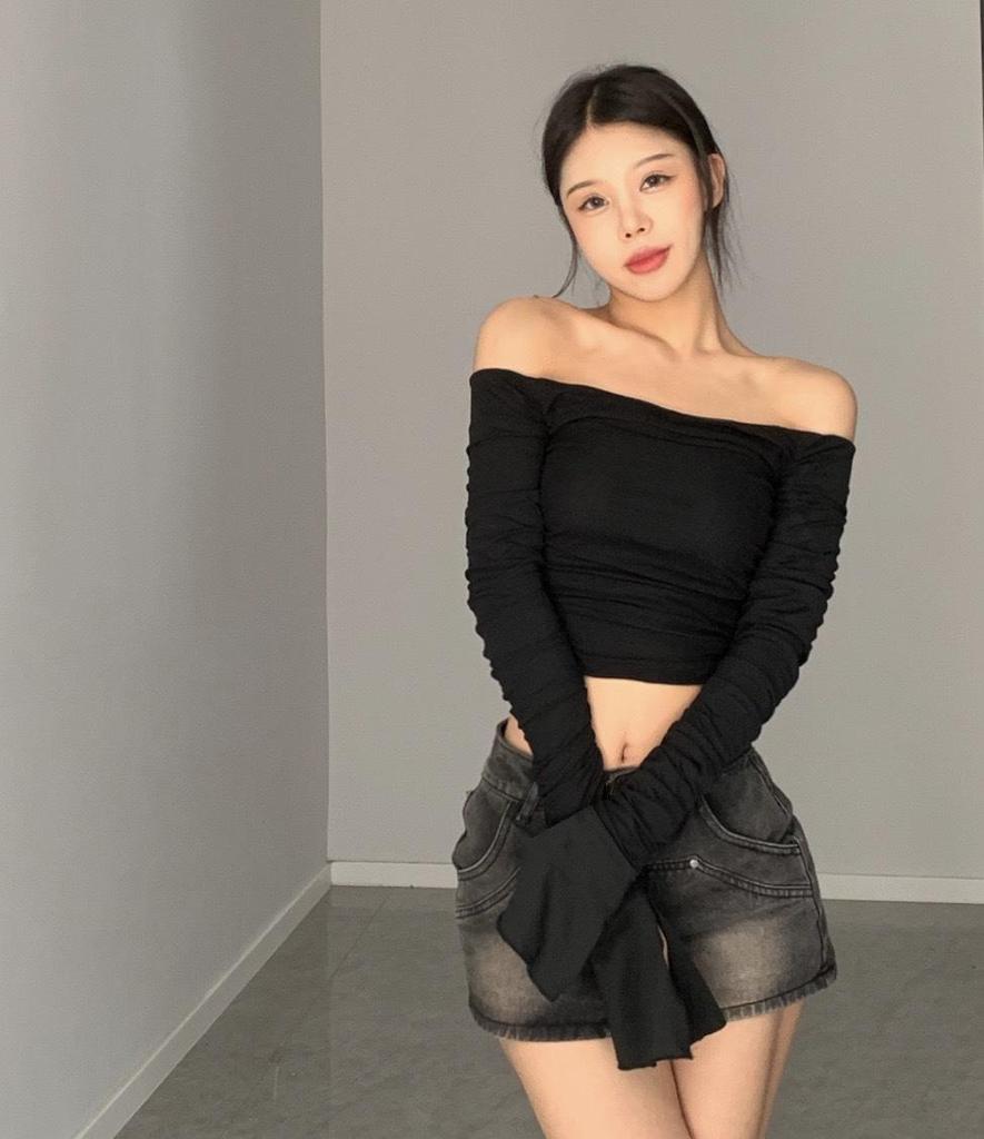 Mesh Patchwork Women Long Sleeve Crop T Shirt Ruched Off Shoulder BodycDF-1299-Black-Son Sexy Elegant Streetwear 2024 Spring Summer