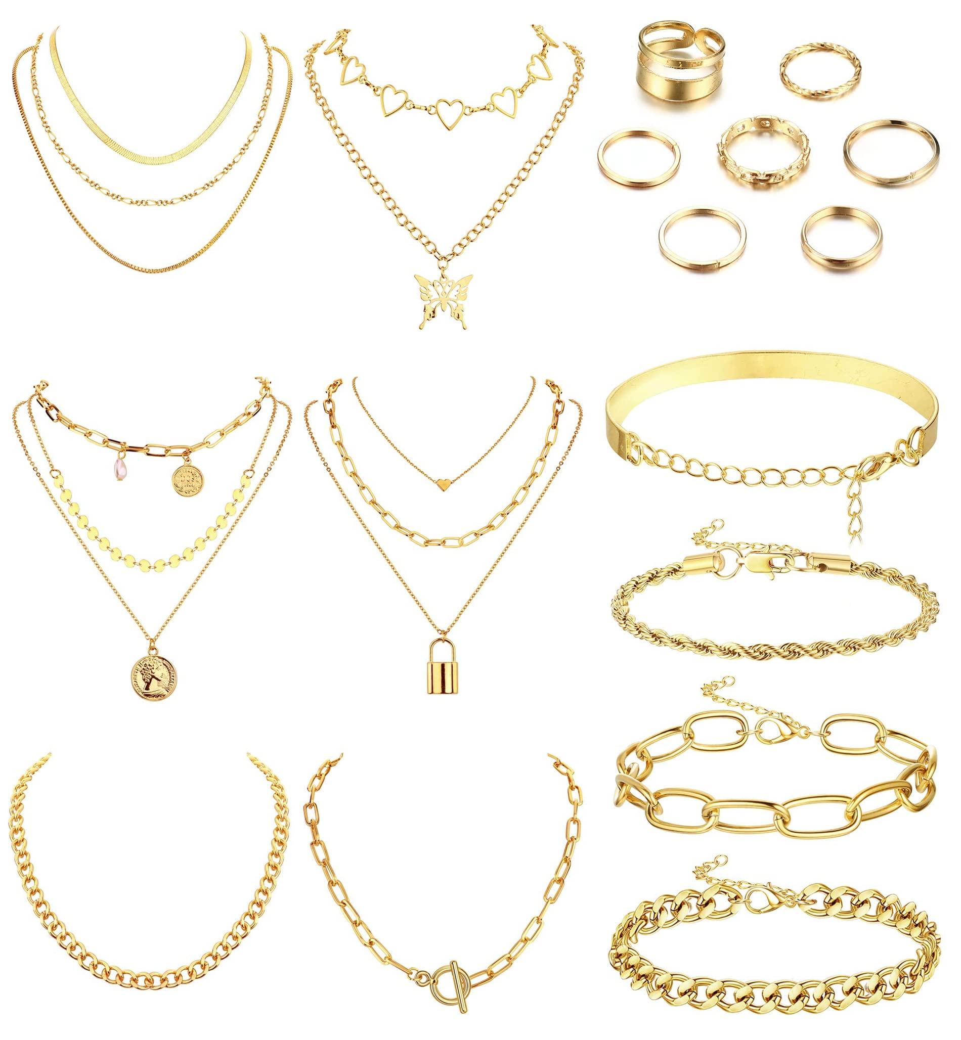 

Bobisty 17Pcs Jewelry Sets for Women Layered Necklaces Chunky Bracelets Knuckle Rings Birthday Christmas Anniversary Day Gifts