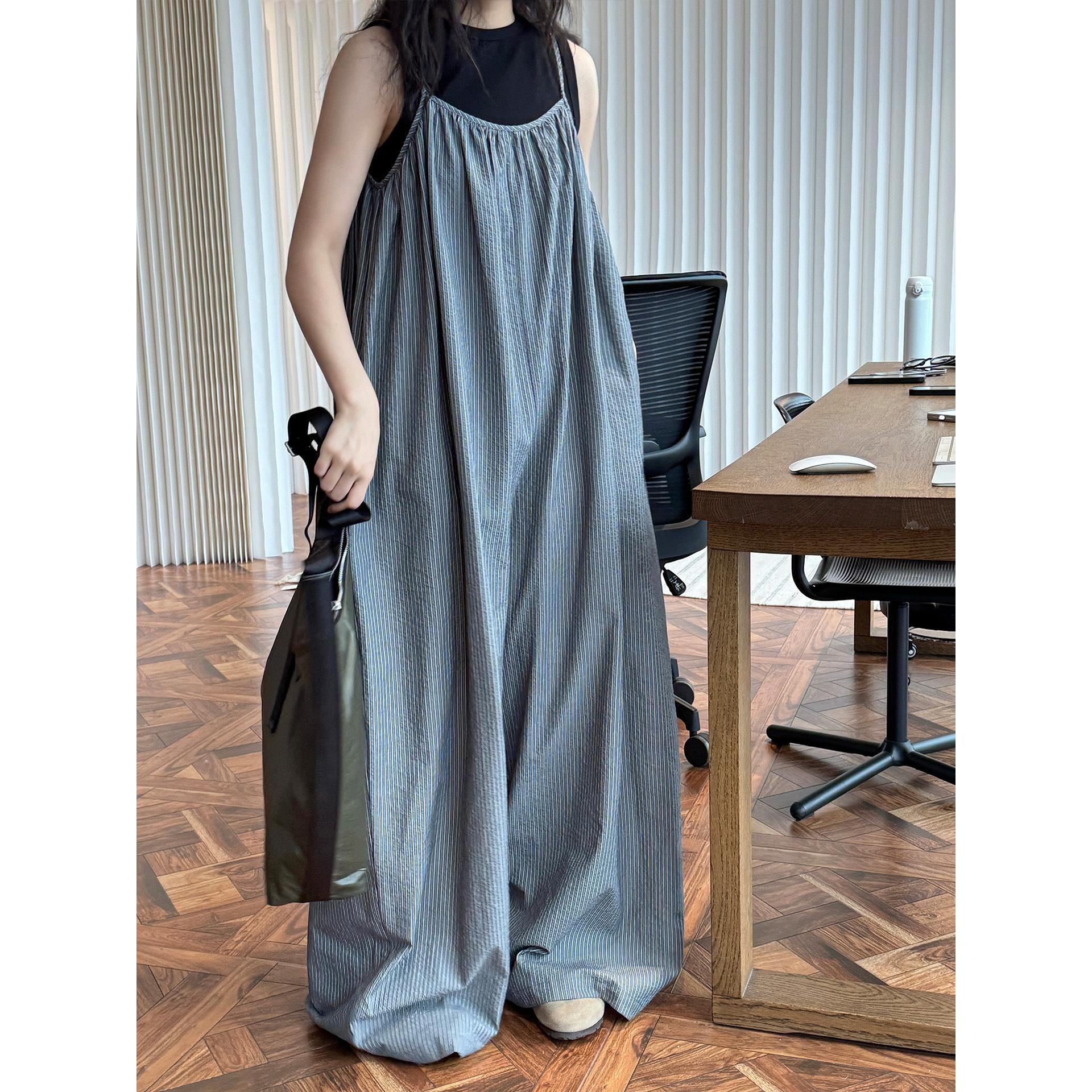 

Johnature Summer Japanese-style Lazy Retro Striped Jumpsuit Wide-leg Casual Women Sleeveless Loose Long Bodysuits One Size