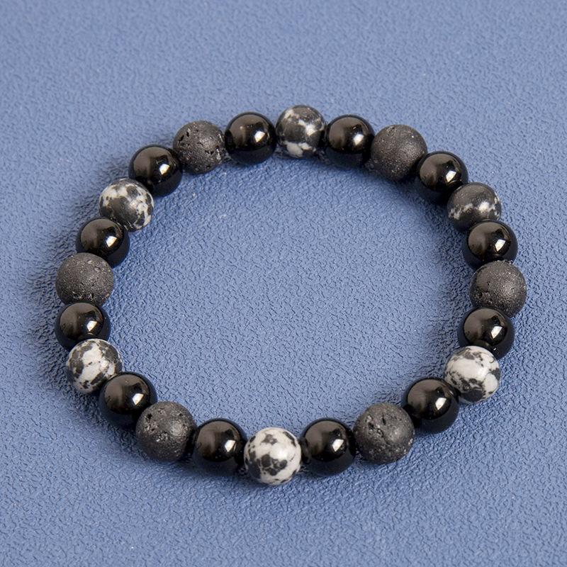 Natural Lava Rock Bracelet Matte Black Volcanic Stone Beads with White Meteorite Print Elastic Stretch Unisex Jewelry