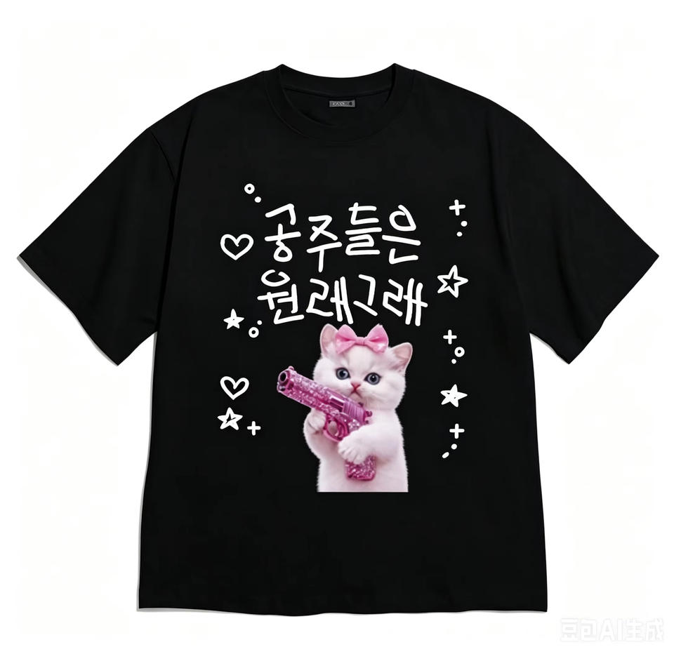 Korean Style Versatile Fashion Retro Cute Cat with Pink Gun Korean Text Graphic Casual Short Sleeve Tee White Aesthetic Clothes.