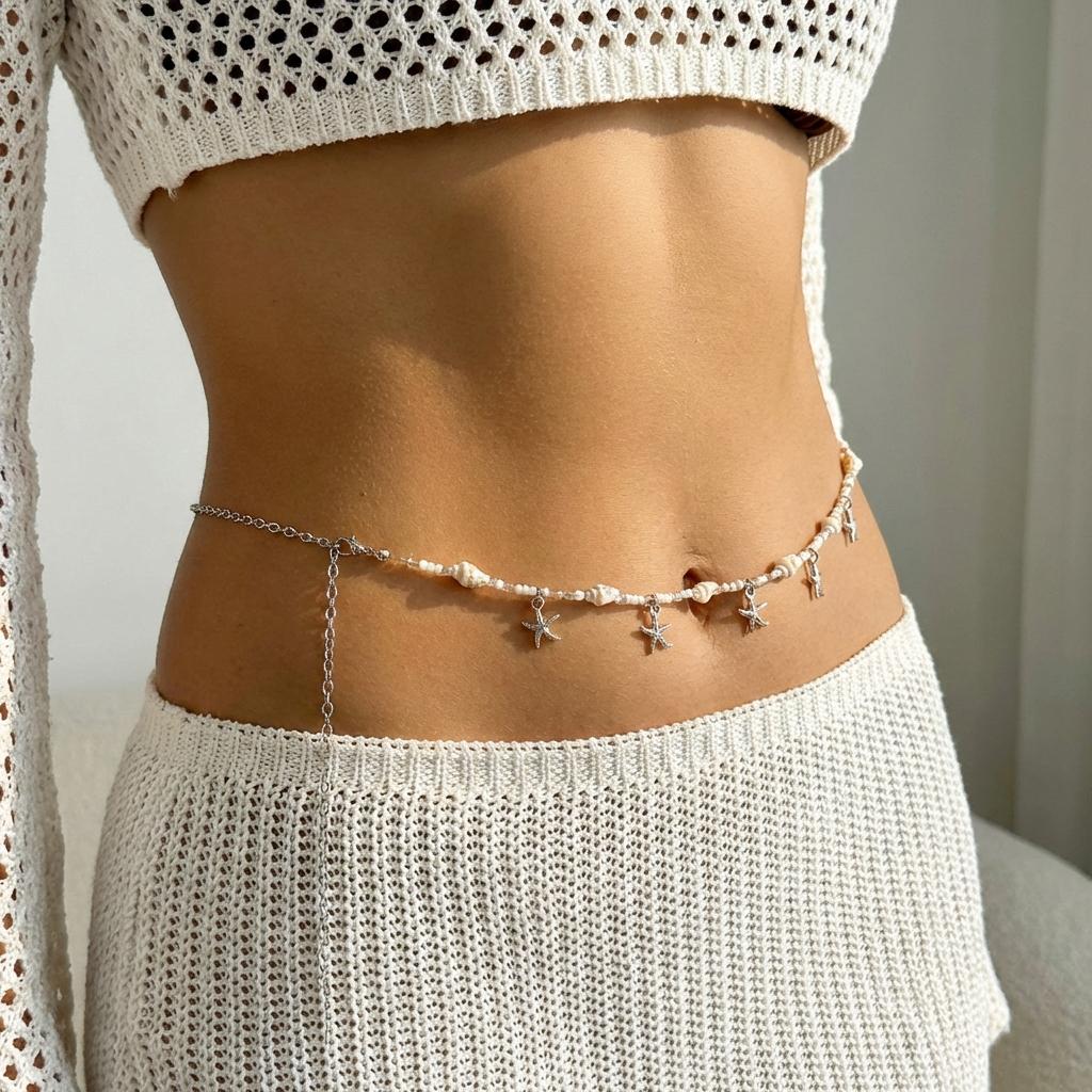 Minimalist Silver Starfish Waist Chain for Women White Bead Conch Shell Splicing Belly Chain Summer Beach Body Jewelry
