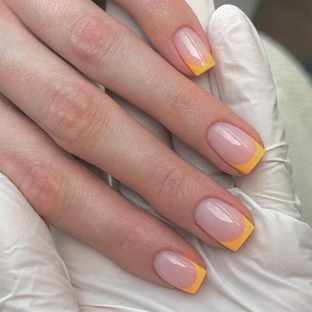 Press On Nails Yellow Fake Nails Squoval Glue On Nails Glossy Acrylic False Nail Full Cover Stick On Nails for Womens