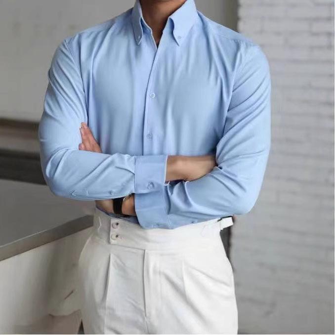 Men's Slim Fit White Long Sleeve French Shirt - Iron-Free, Large Collar, Business Formal