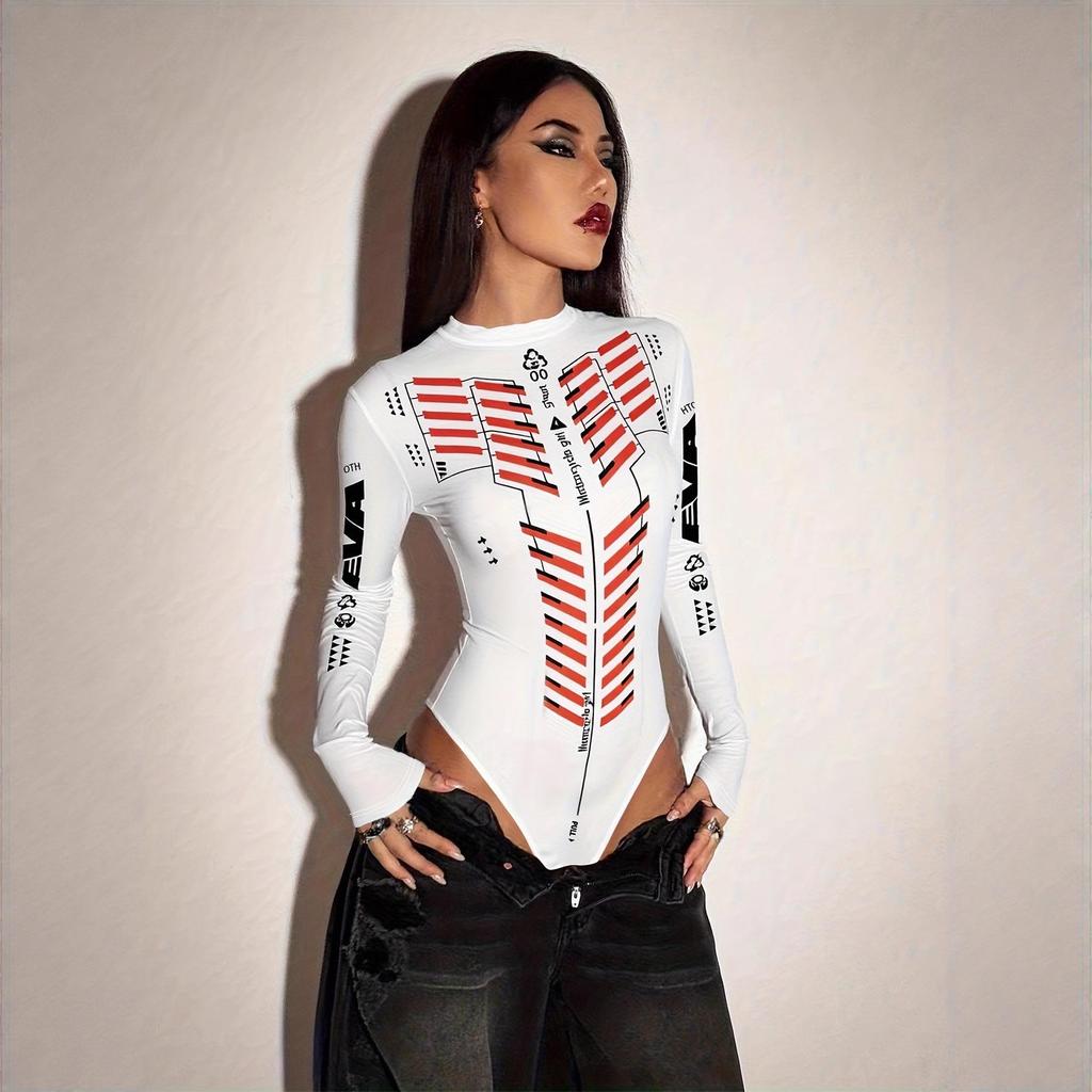 Spicy Style Women's Slimming Summer Motorcycle Jumpsuit - Print Long Sleeve, Half-High Collar Streetwear